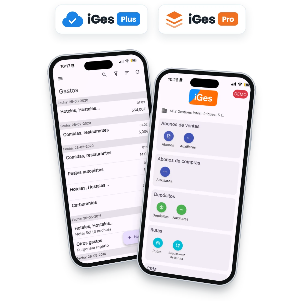 iGes Plus y Pro en la nube: men&uacute; principal y gastos en el m&oacute;vil